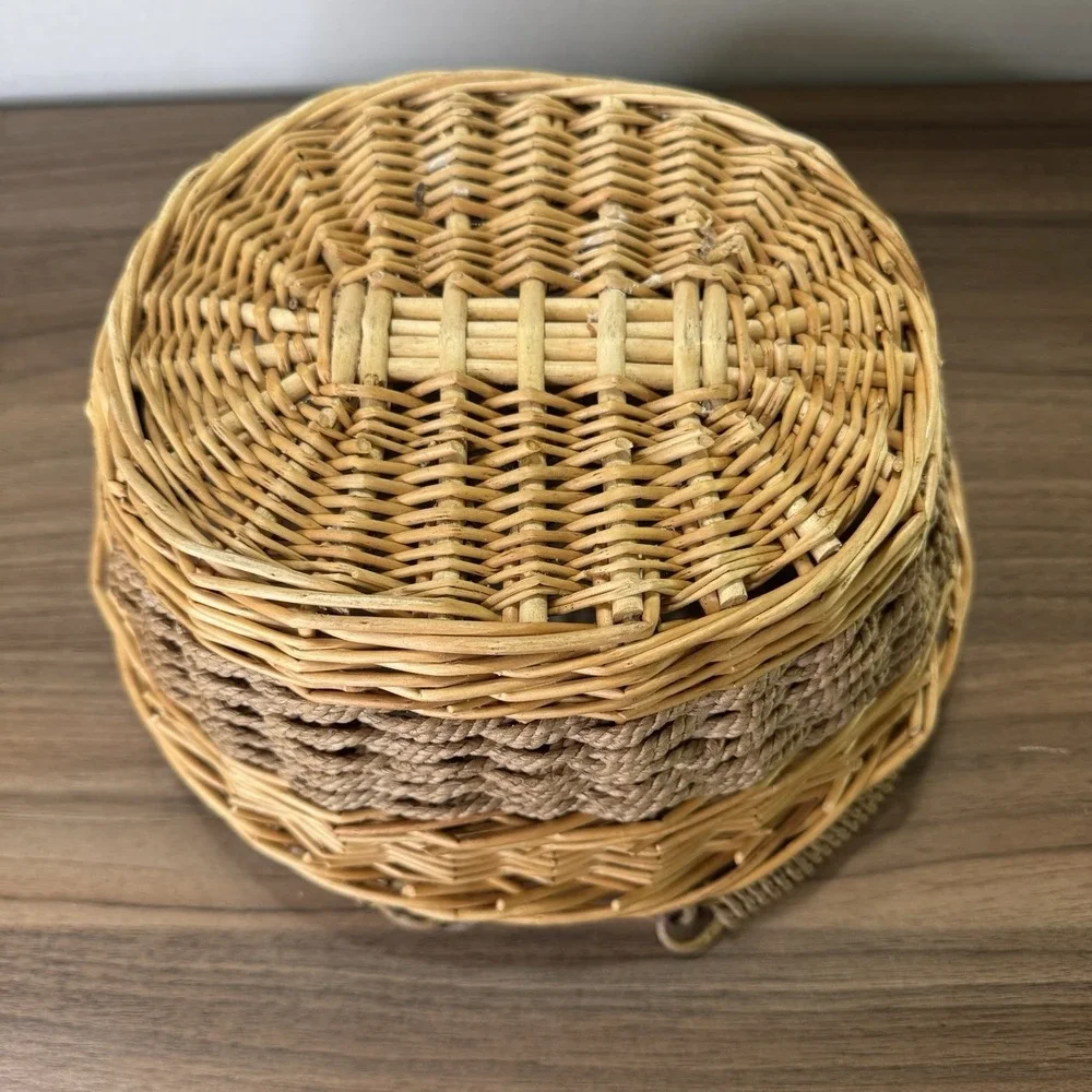 Vintage 1960's Boho Wicker Rattan Folding Handles‎ Hand Woven Basket 11x10
